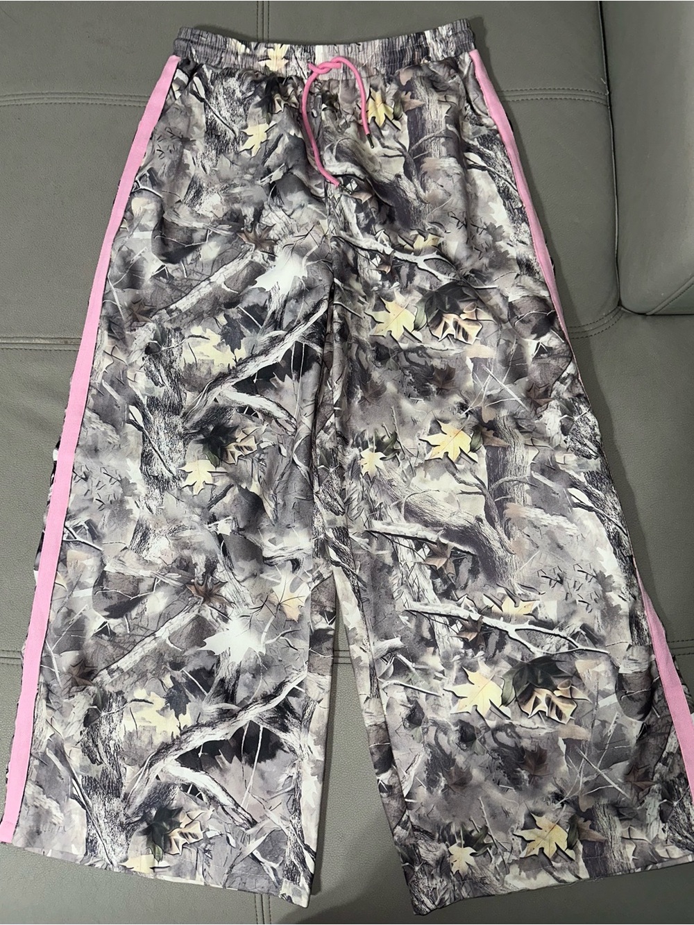 SHEIN Gray Camo Wide Leg Pants with Pink Trim
